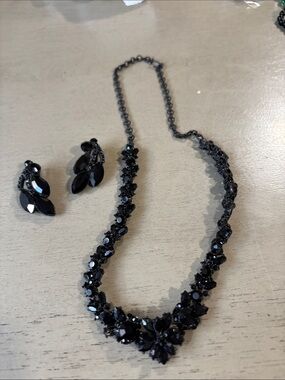 Black Crystal Floral Necklace and Earrings Set clip on